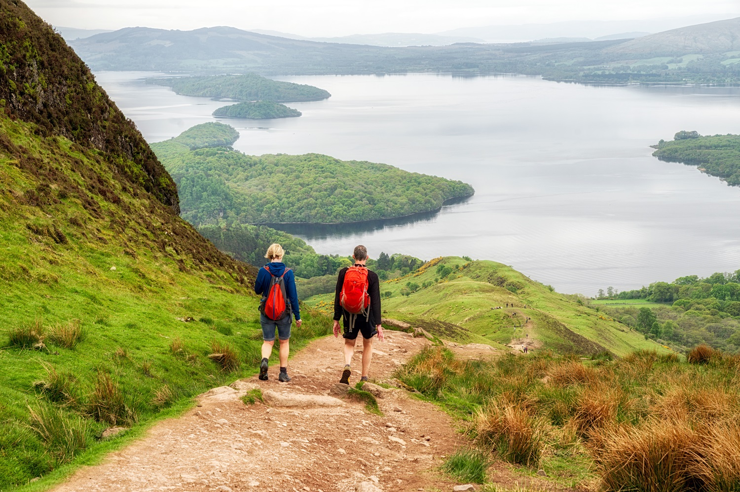 Hiking in Scotland. View from Conic hill. Lake Loch Lomond at background